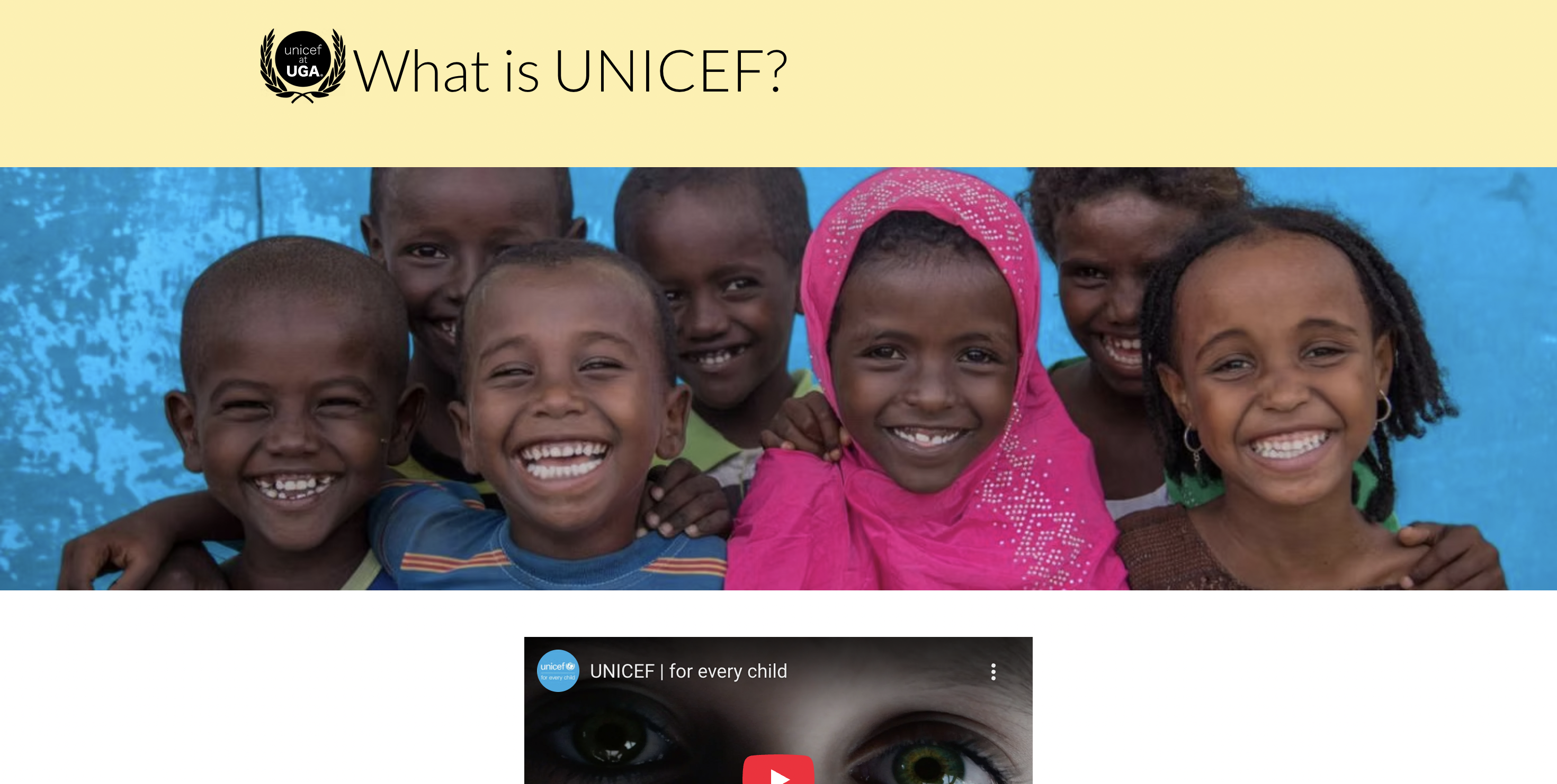 The old What is UNICEF page, with a yellow header, a photo of children, and an embedded video.
